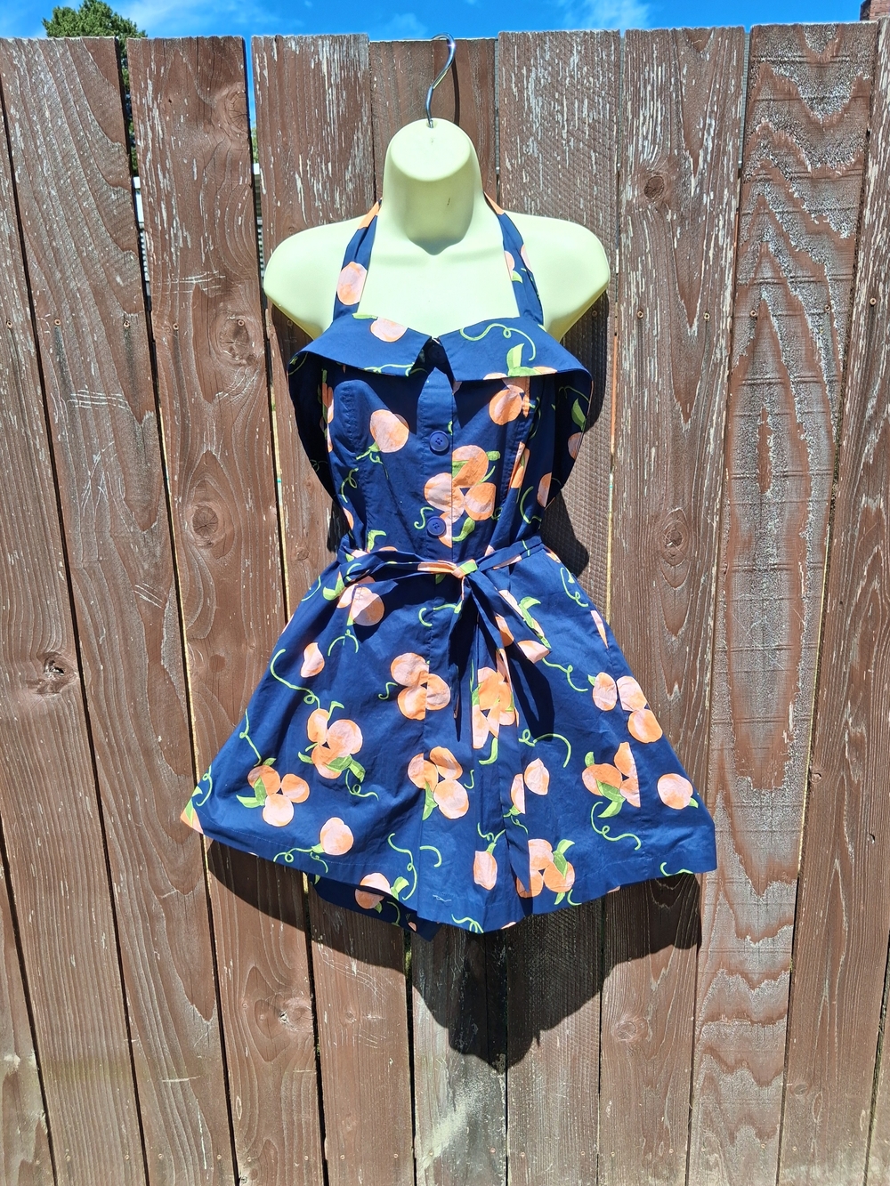Navy Floral Halter Romper with Peach Print